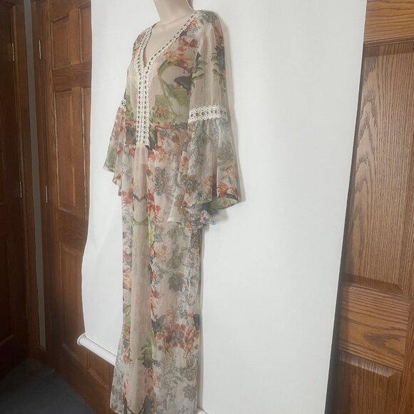 Alberto Makali Floral Sheer Long Dress Lace Trim Bell Sleeves Peasant Boho M - Picture 11 of 16